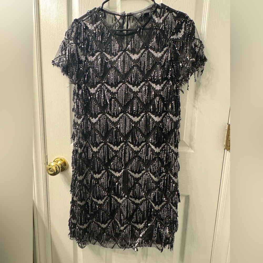 Zara Black and Silver Sequin Mini Dress